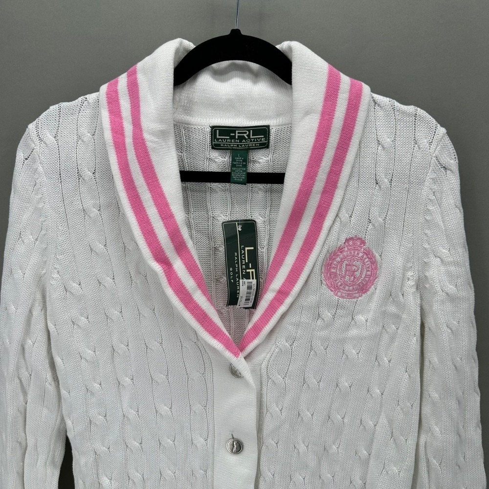 Lauren Ralph Lauren Womens L Cable Knit Cardigan Pink Stripe Crest Heritage NWT - Picture 2 of 10